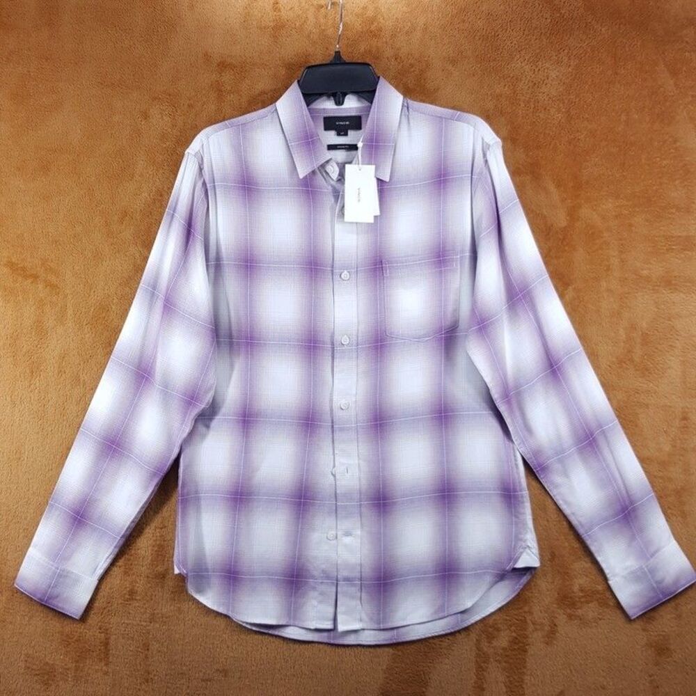 VINCE Shirt Mens Large Purple Mirage Plaid Classic Fit Illusion Check $195